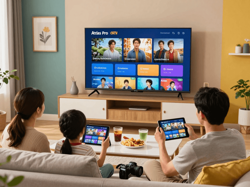 Famille profitant d'Atlas Pro ONTV dans un salon moderne avec télévision.