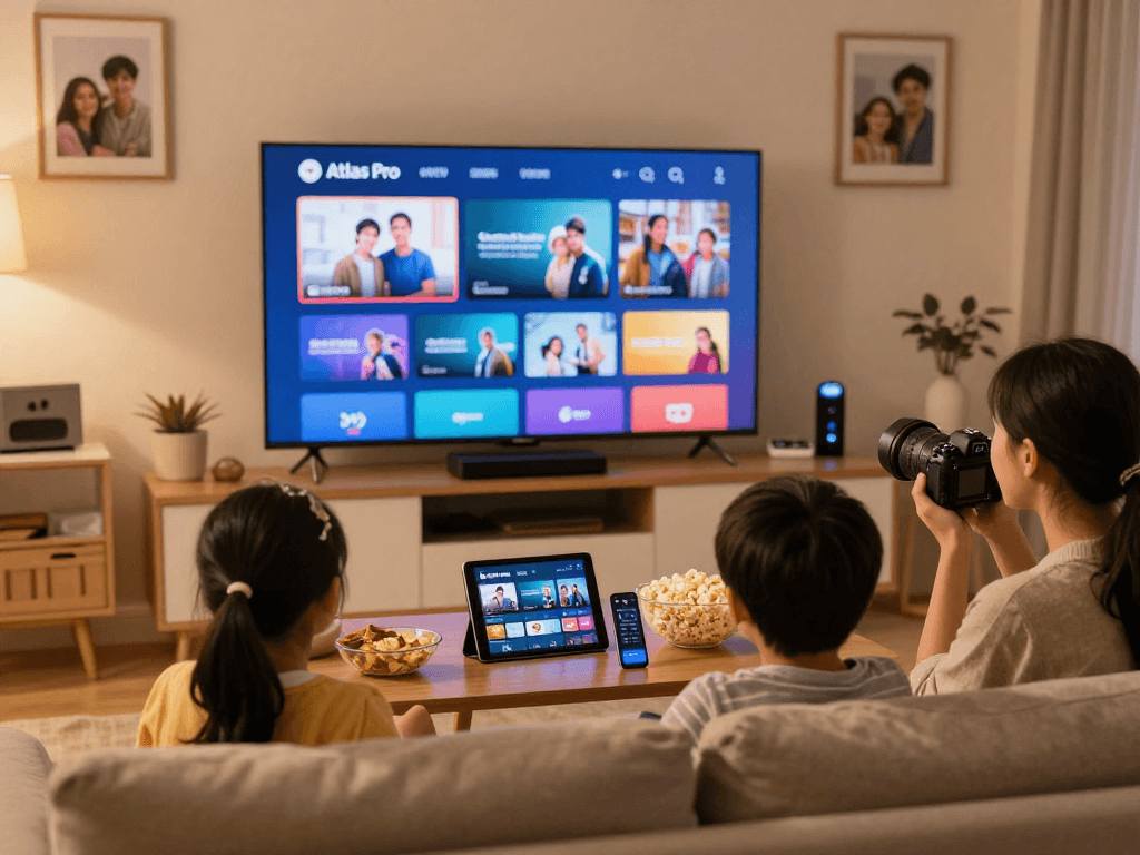 Famille regardant Atlas Pro ONTV sur un grand écran TV, ambiance chaleureuse