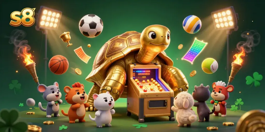 Experience thrilling gameplay with s8's colossal golden tortoise pinball machine, surrounded by vibrant sports elements.