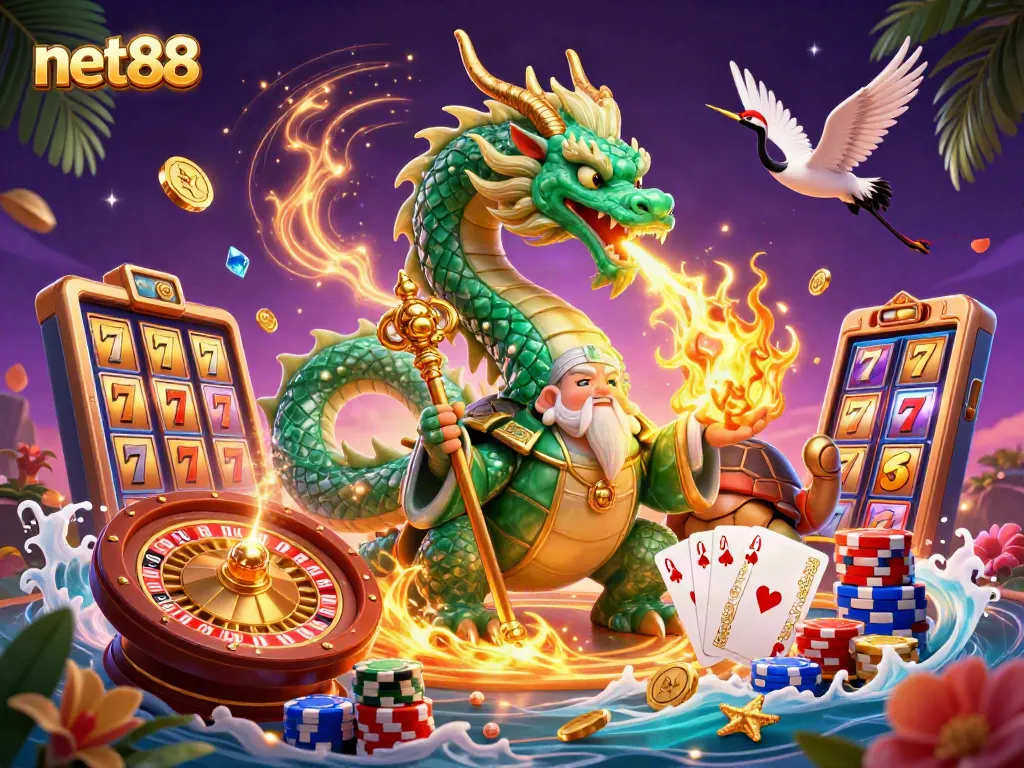 Engage with net88's thrilling casino experience featuring a massive jade dragon and colorful gaming elements.