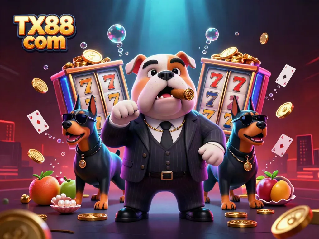 Engage with vibrant TX88 com casino action featuring a mafia bulldog and slot reels.
