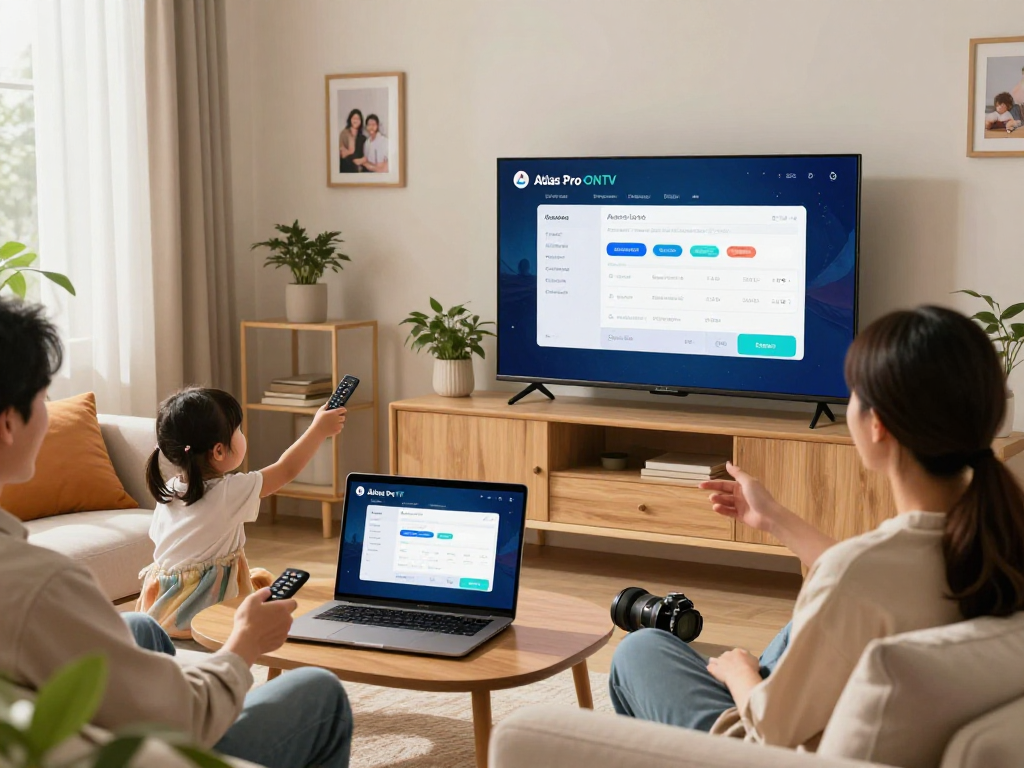 Expérience familiale avec atlas pro ontv à la télévision dans un salon chaleureux.