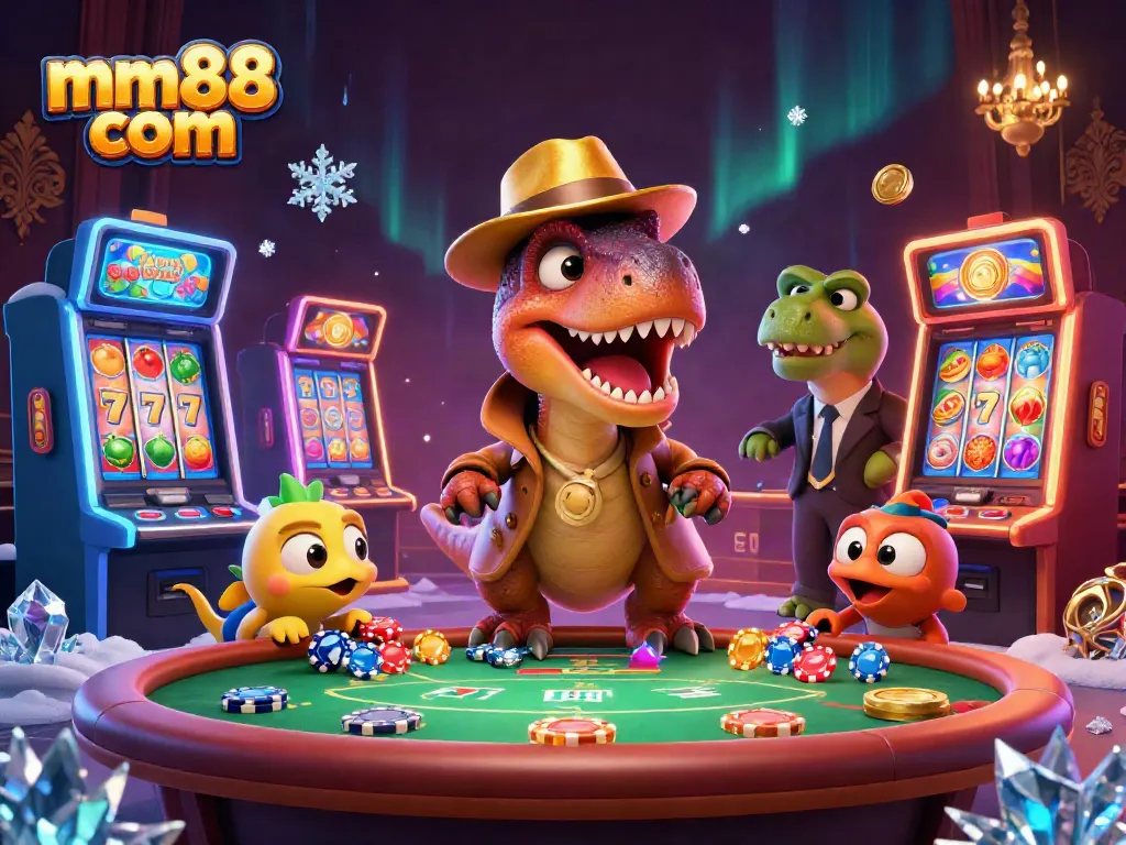 Experience the excitement at mm88 com with a dynamic casino scene featuring a velociraptor card counter and slot machines.