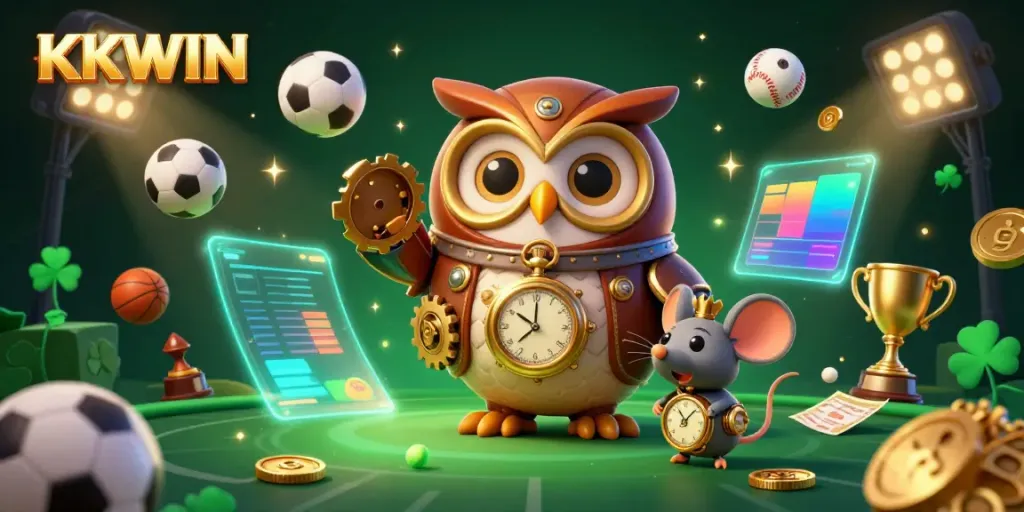 Bet on diverse games at KKWIN with a captivating owl mascot in a vibrant steampunk casino.