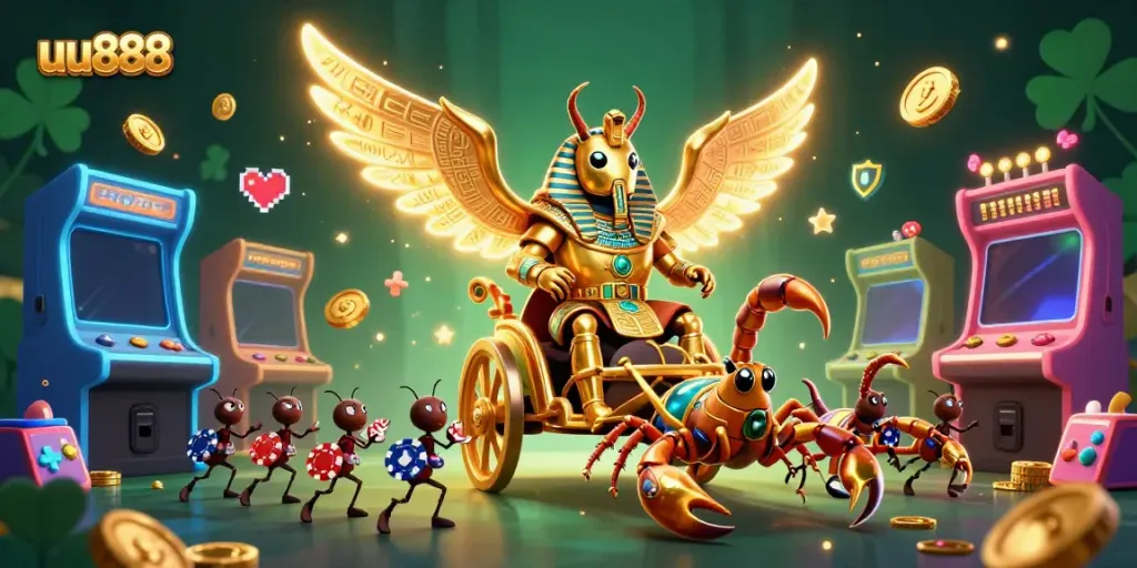 Experience the excitement of uu888 with a dynamic 3D casino scene featuring a golden scarab beetle and joyful gaming elements.
