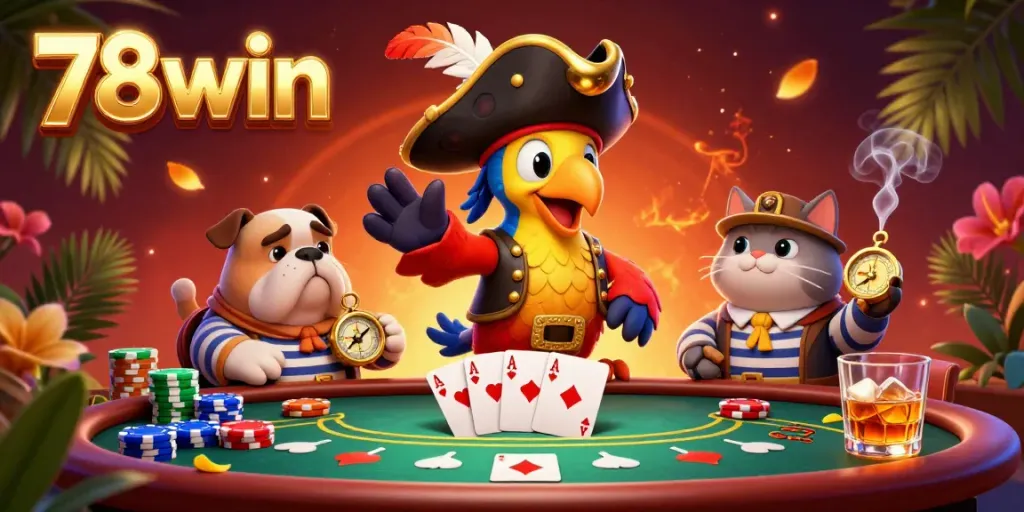 Experience high-energy casino action with 78win as a pirate captain and friends command the table for winning hands.