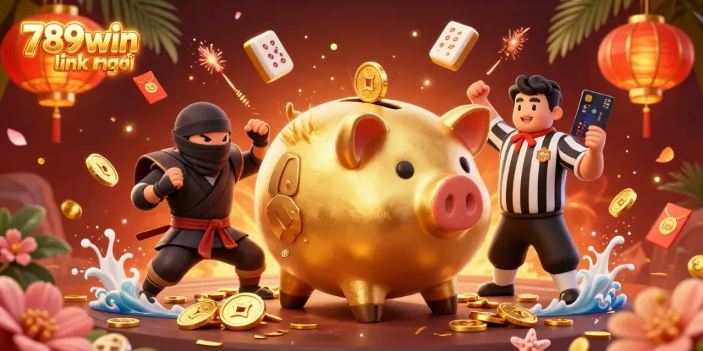 Experience the thrill with 789win link mới in this vibrant 3D scene featuring dynamic characters and festive elements.