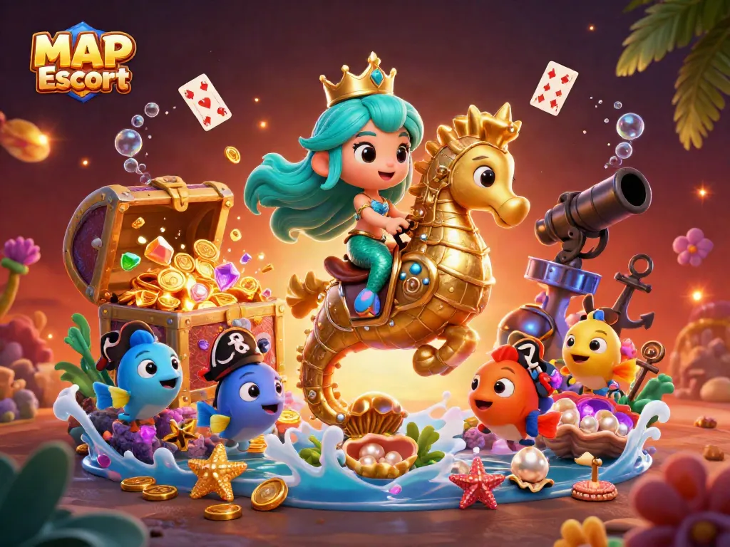 Experience MAP Escort with a vibrant mermaid scene filled with treasure, colorful fish, and gaming elements.