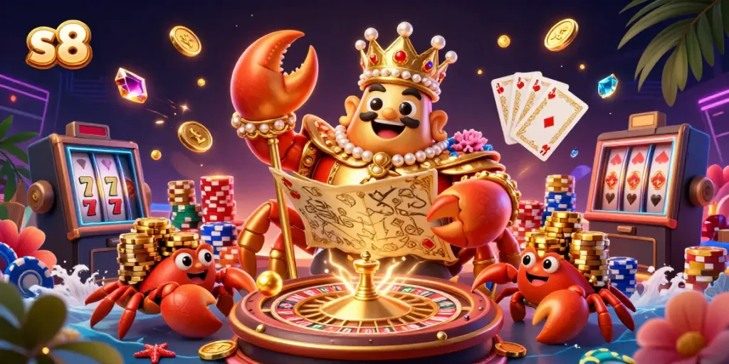 Engage in thrilling gaming with s8, featuring a majestic crab emperor, vibrant casino elements, and treasure.