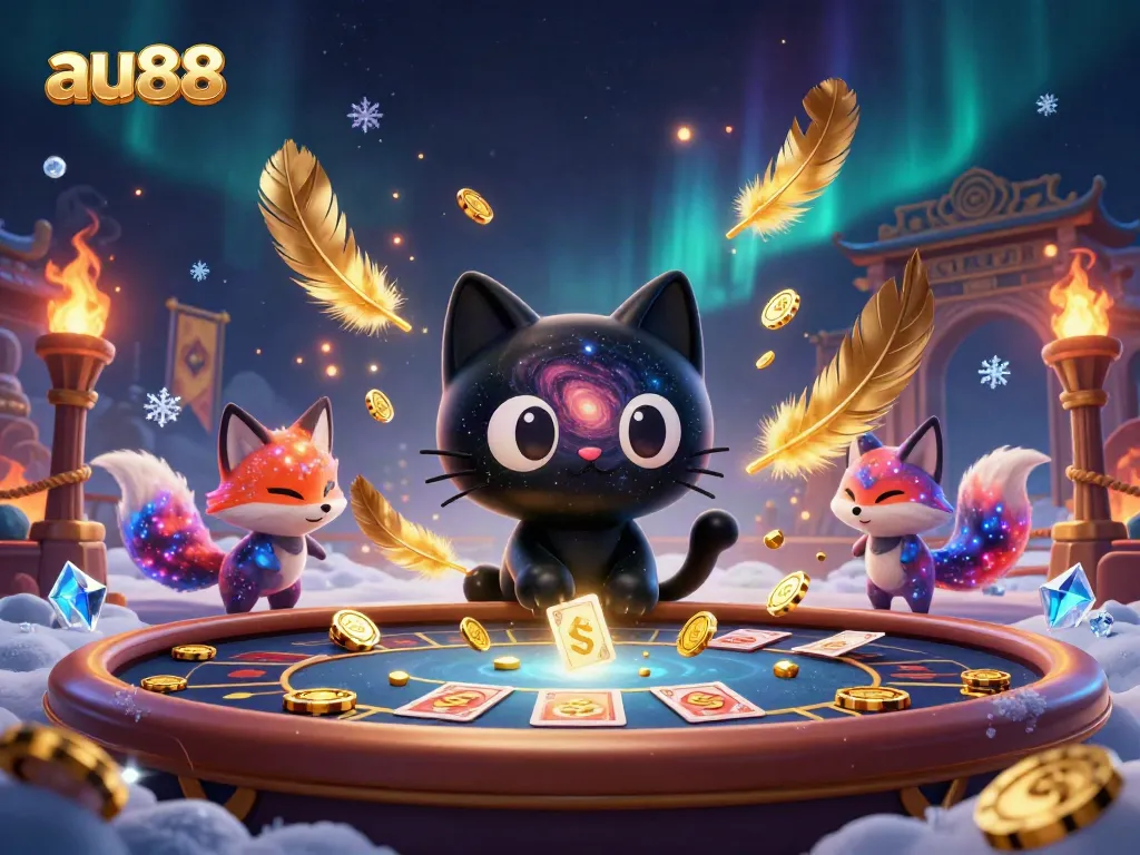 Experience the thrill of gaming with au88's cosmic casino scene featuring a magical black hole cat and colorful fox.