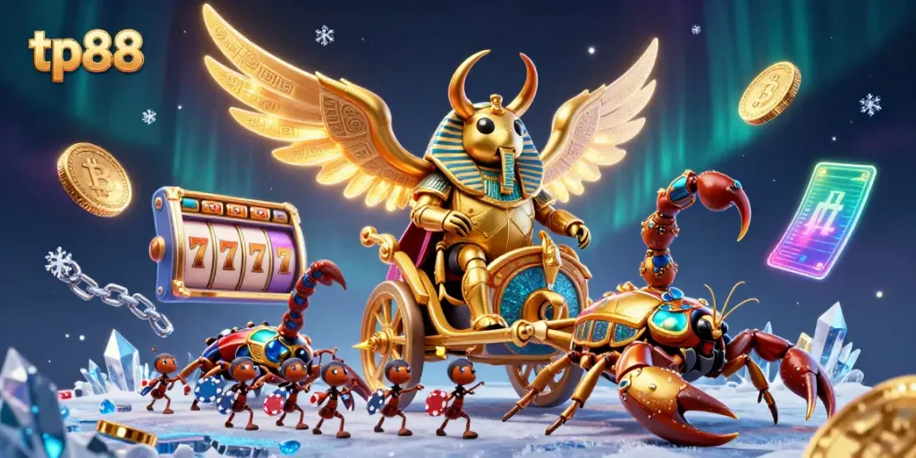 Experience the thrill of tp88 with this vibrant casino-themed illustration featuring a golden scarab beetle and scorpions in dynamic play.
