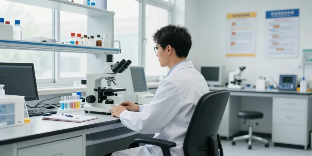 Chaise de laboratoire ergonomique réglable en hauteur utilisée par un scientifique dans un environnement de laboratoire moderne.