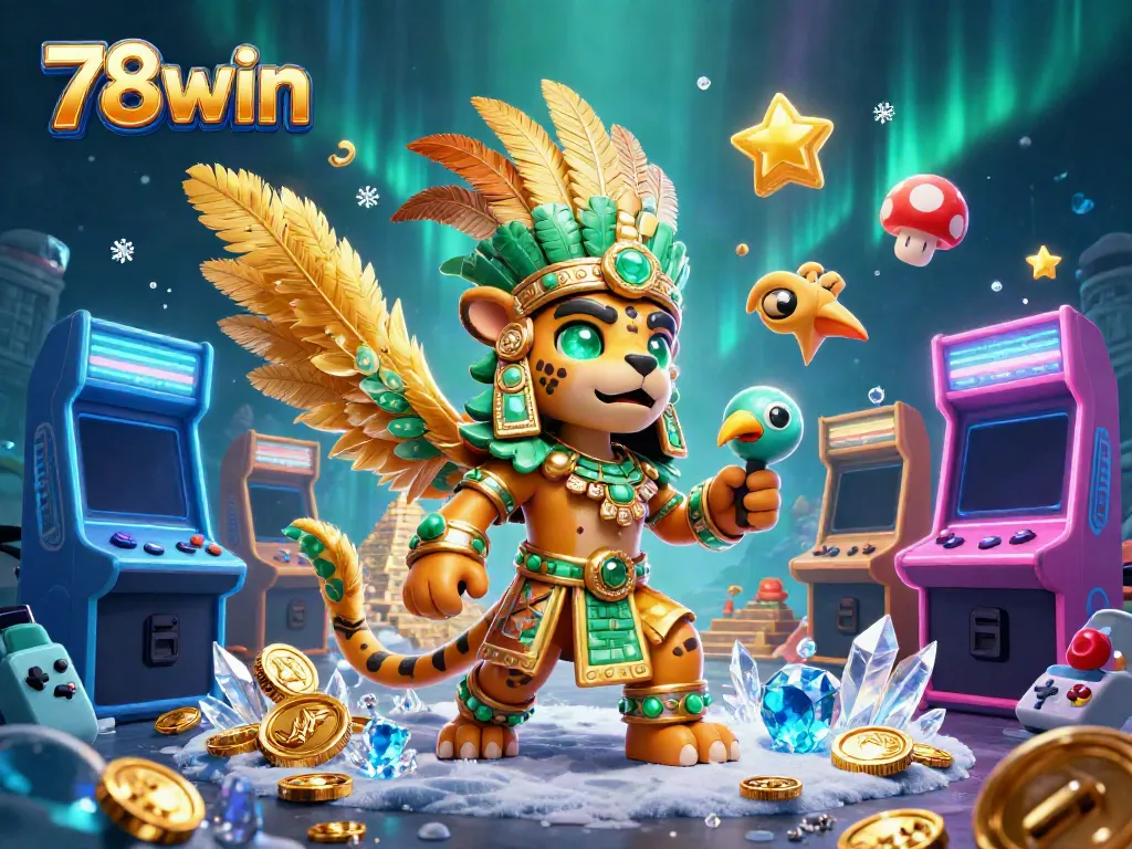 Engage with the vibrant world of 78win, featuring a Mayan jaguar priest, casino elements, and arcade games.