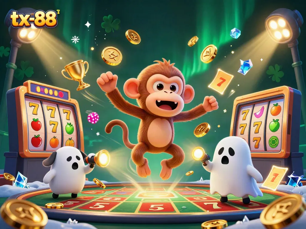 Experience the thrilling world of tx-88 as a ghost-hunter puppy tracks a mischievous poltergeist monkey juggling golden objects in a haunted casino.