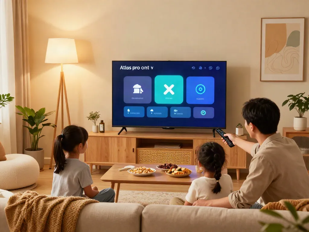 Famille utilisant le service Atlas Pro ONTV dans leur salon confortable, ambiance chaleureuse.