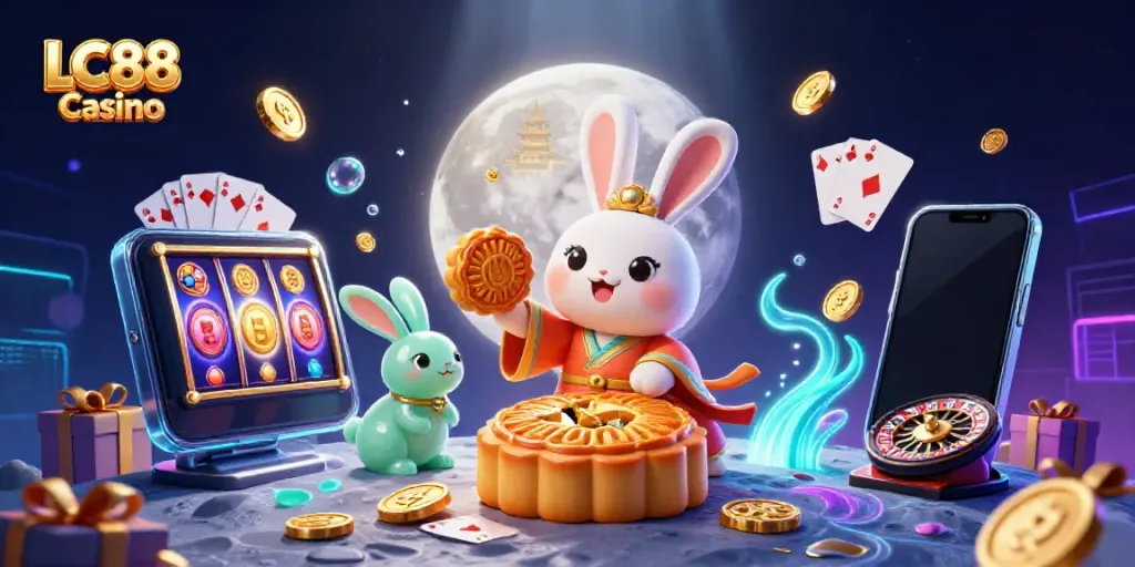 Experience thrilling gaming with the LC88 Casino 3D illustration featuring unique characters and casino elements.