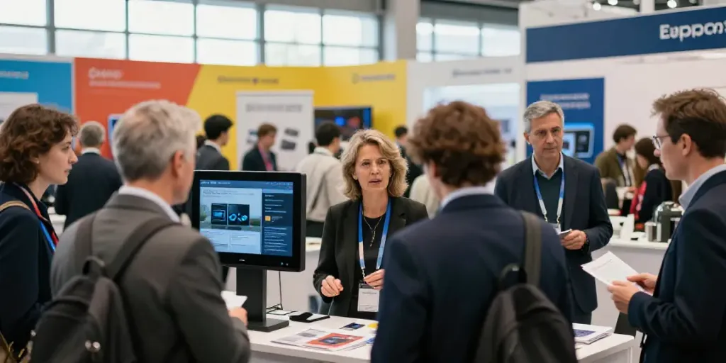 Expositores discutant innovations dans un salon professionnel vibrant.