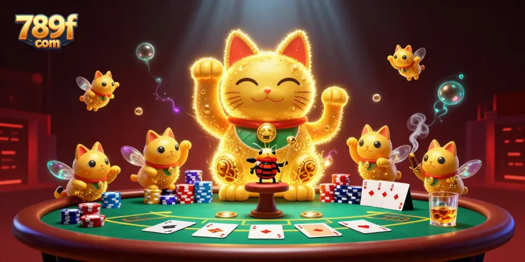 Experience the excitement of 789f com with a vibrant 3D casino scene featuring a lucky cat and poker elements.