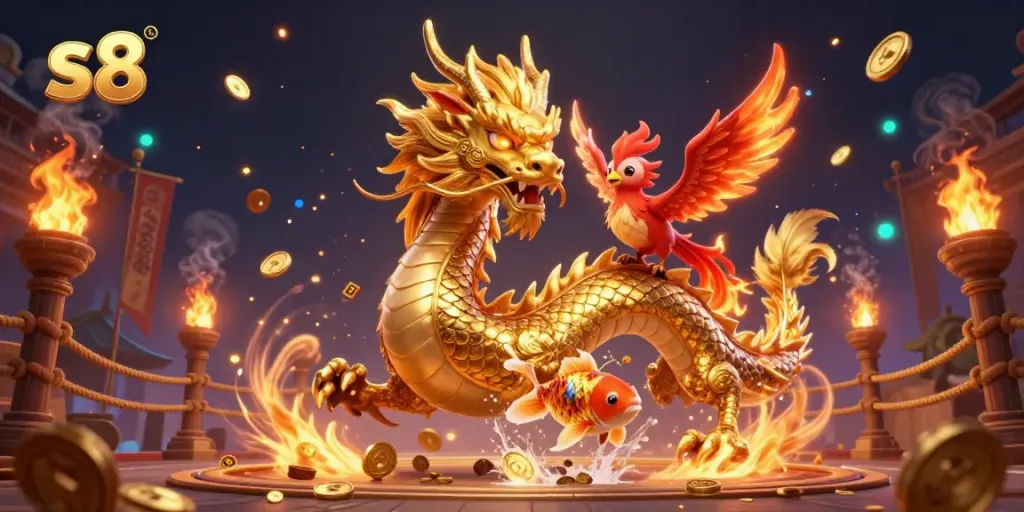 Experience thrilling wins with the s8 casino, featuring a dynamic dragon and phoenix amidst a shower of coins.