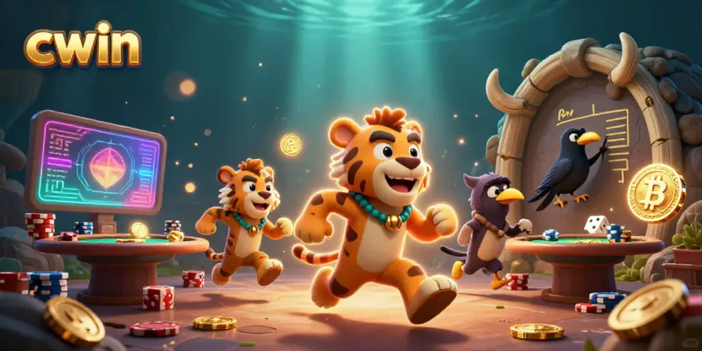Cwin interactive scene with a caveman, sabertooth tiger, and crow at a dynamic casino, showcasing poker elements.