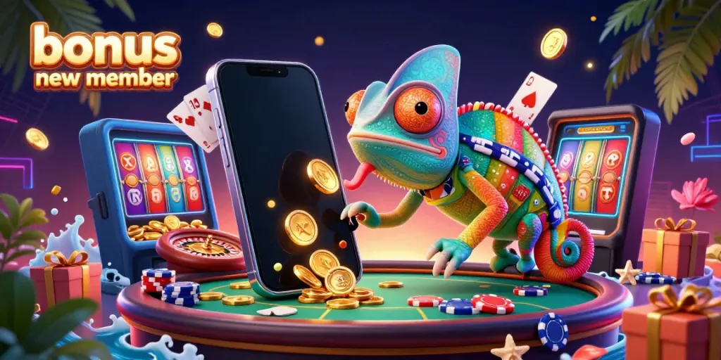 Experience thrilling action with the bonus new member offer in vibrant casino illustration.