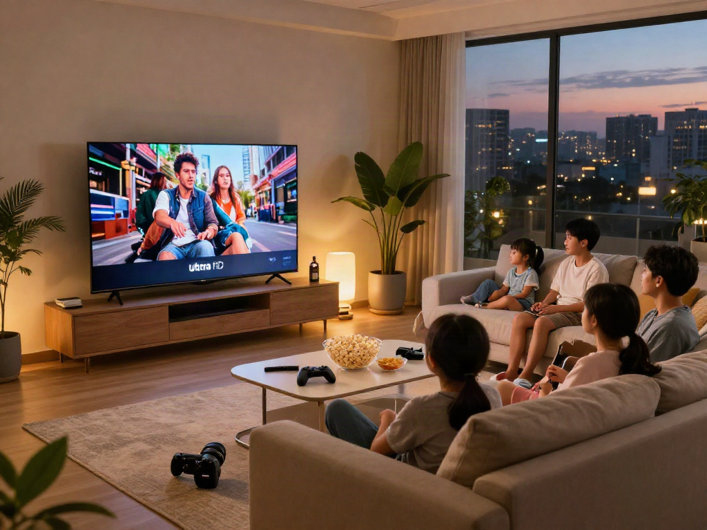 Configuration moderne d'Iron TV Pro dans un salon confortable, famille profitant d'un film.
