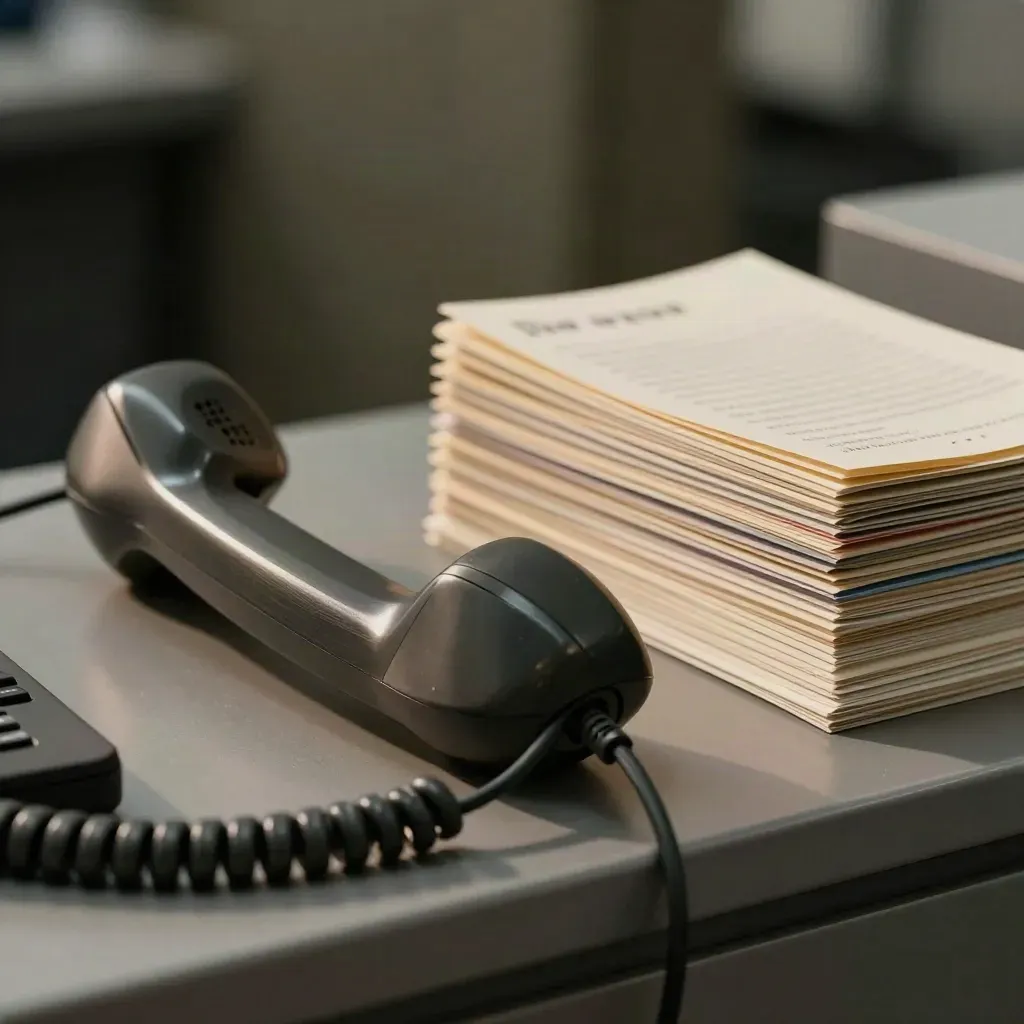 Combiné téléphonique, repose-casque et fiches fermées sur un bureau sombre, lumière rasante.