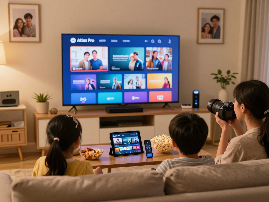Famille regardant Atlas Pro ONTV sur un grand écran TV, ambiance chaleureuse