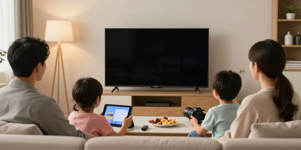 Famille profitant d'Atlas Pro sur Smart TV dans un salon confortable.
