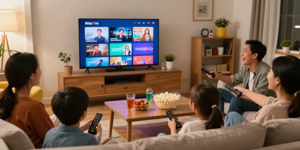 Les familles profitant de l'abonnement atlas pro ONTV dans un salon accueillant.