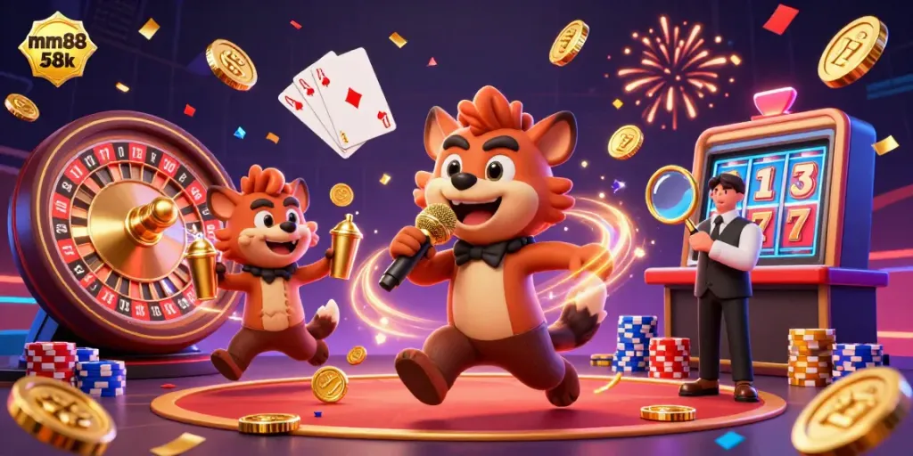 Experience the excitement of mm88 58k with animated hyenas in a casino setting, showcasing vibrant colors and immersive gameplay.