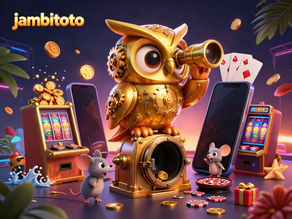Engage in exciting gaming at Jambitoto with a vibrant casino atmosphere featuring slot machines and playful characters.