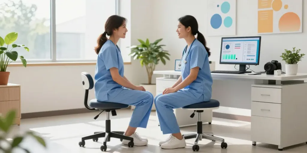 Tabouret médical avec réglage de hauteur au pied utilisé par un professionnel de santé lors d'une consultation.