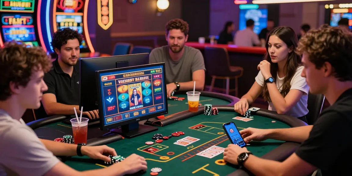 Des joueurs s'amusant sur casino en ligne le plus payant, ambiance festive, jeux de cartes et jetons sur la table.