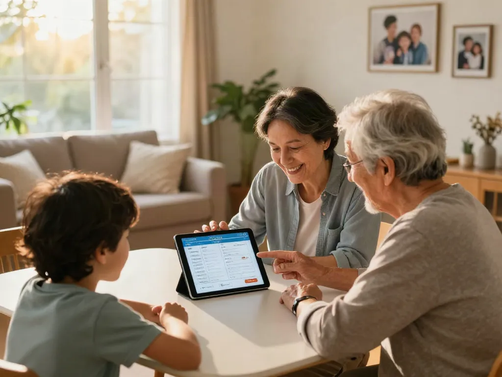 Application personne âgée famille montrant une famille coordonnant les soins ensemble dans un cadre chaleureux.