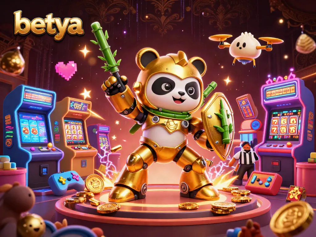 Experience the thrill at betya with a golden panda in a mech-suit amidst vibrant casino action.