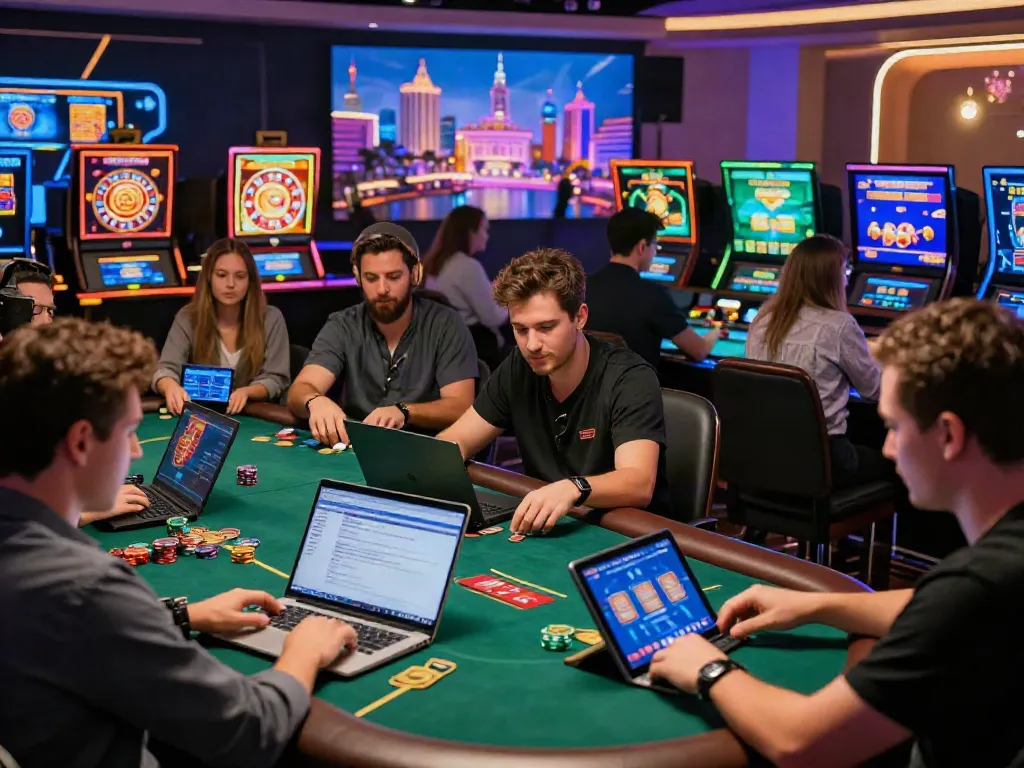 Scène de casino en ligne avec joueurs engagés dans des jeux variés comme les machines à sous et le poker.