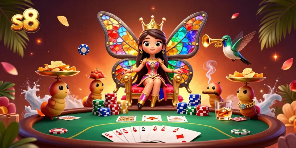 Experience the vibrant s8 casino world with a butterfly queen and dynamic poker elements.